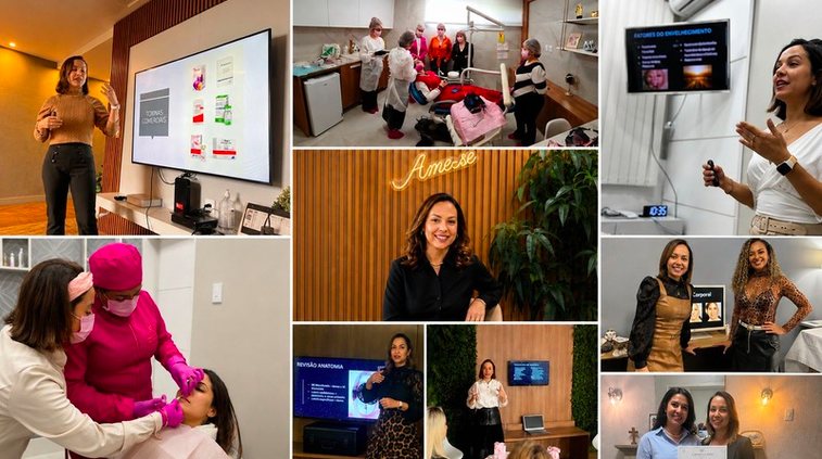 Momentos das mentorias clínicas: aulas teóricas, prática supervisionada e alunas certificadas
